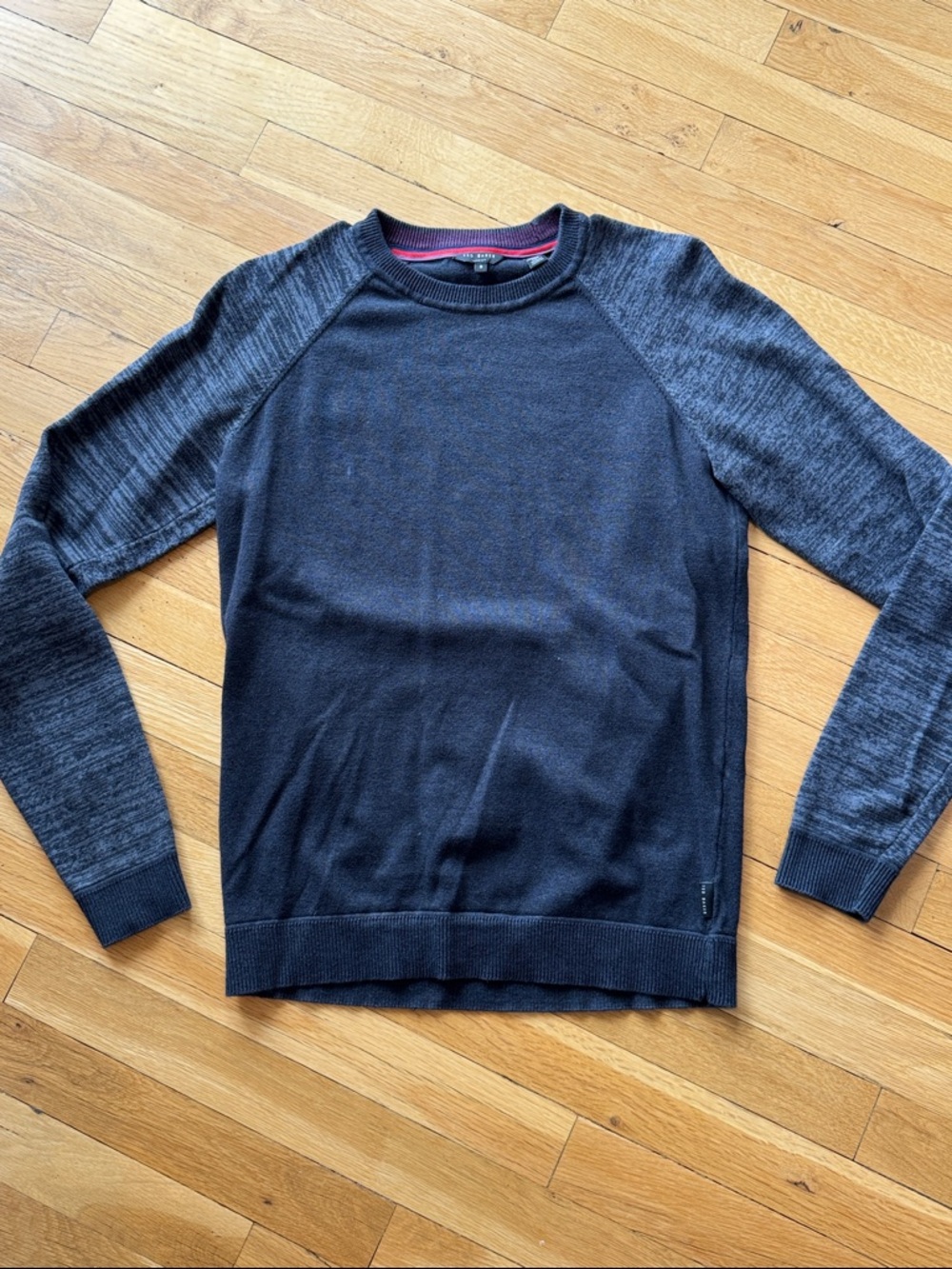 Ted Baker Silk Blend Black Crewneck Sweater with Heathered Gray Sleeves